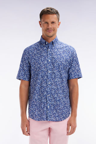 Straight short-sleeved shirt in Pima cotton poplin blue micro floral pattern