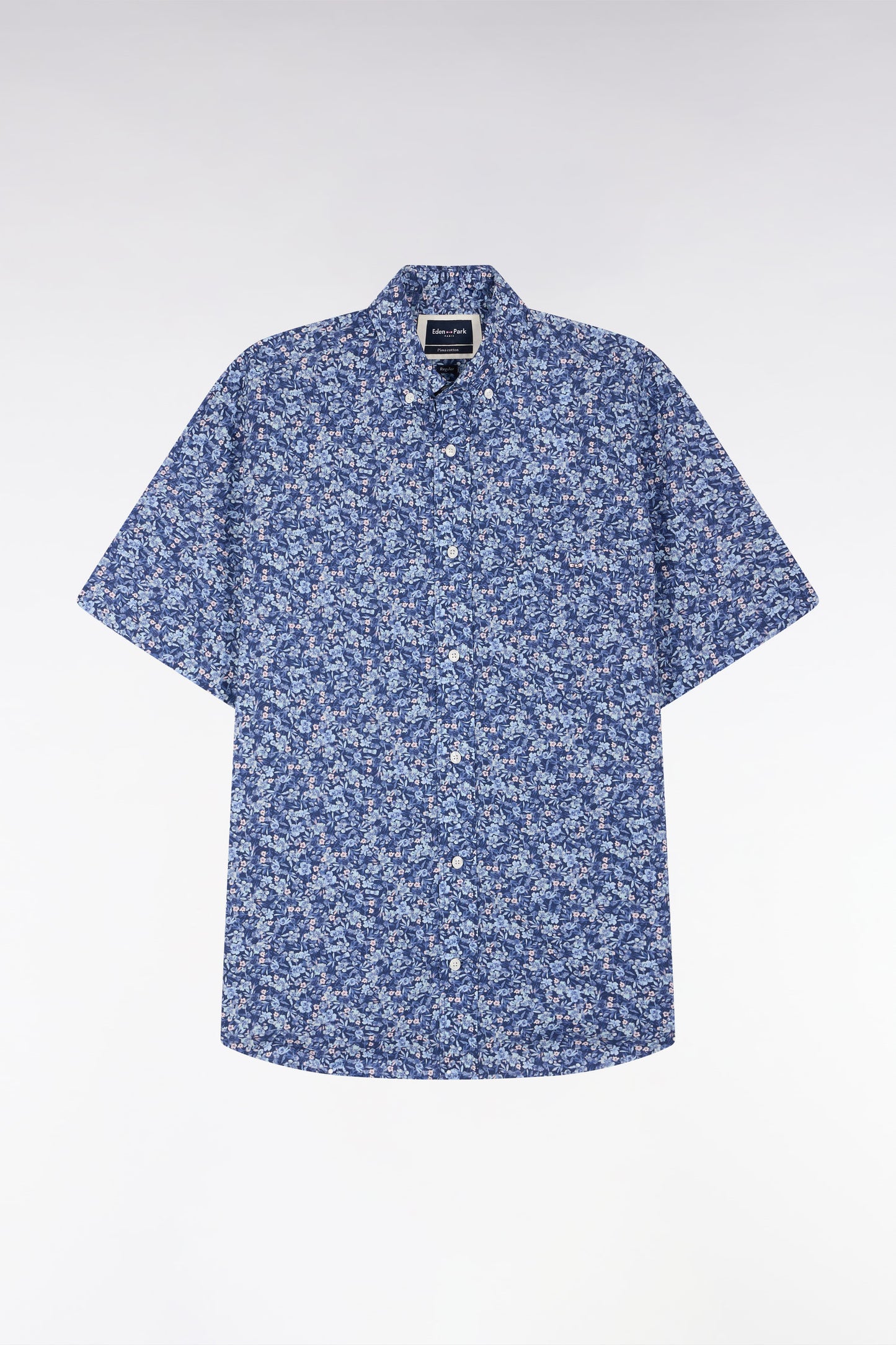 Straight short-sleeved shirt in Pima cotton poplin blue micro floral pattern