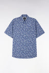Straight short-sleeved shirt in Pima cotton poplin blue micro floral pattern