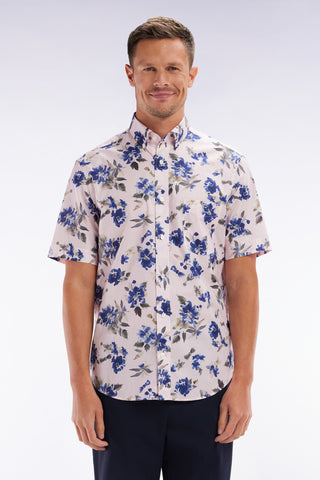 Straight short-sleeved pink shirt in Pima cotton poplin blue floral pattern
