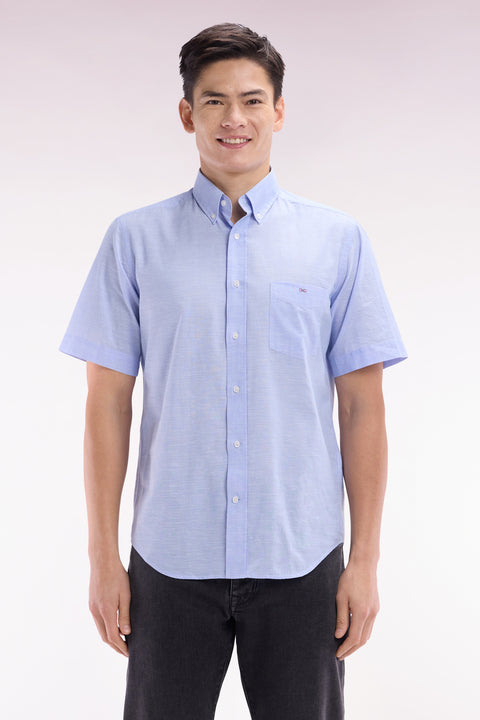 Straight short-sleeved sky blue shirt in textured cotton - Image 1