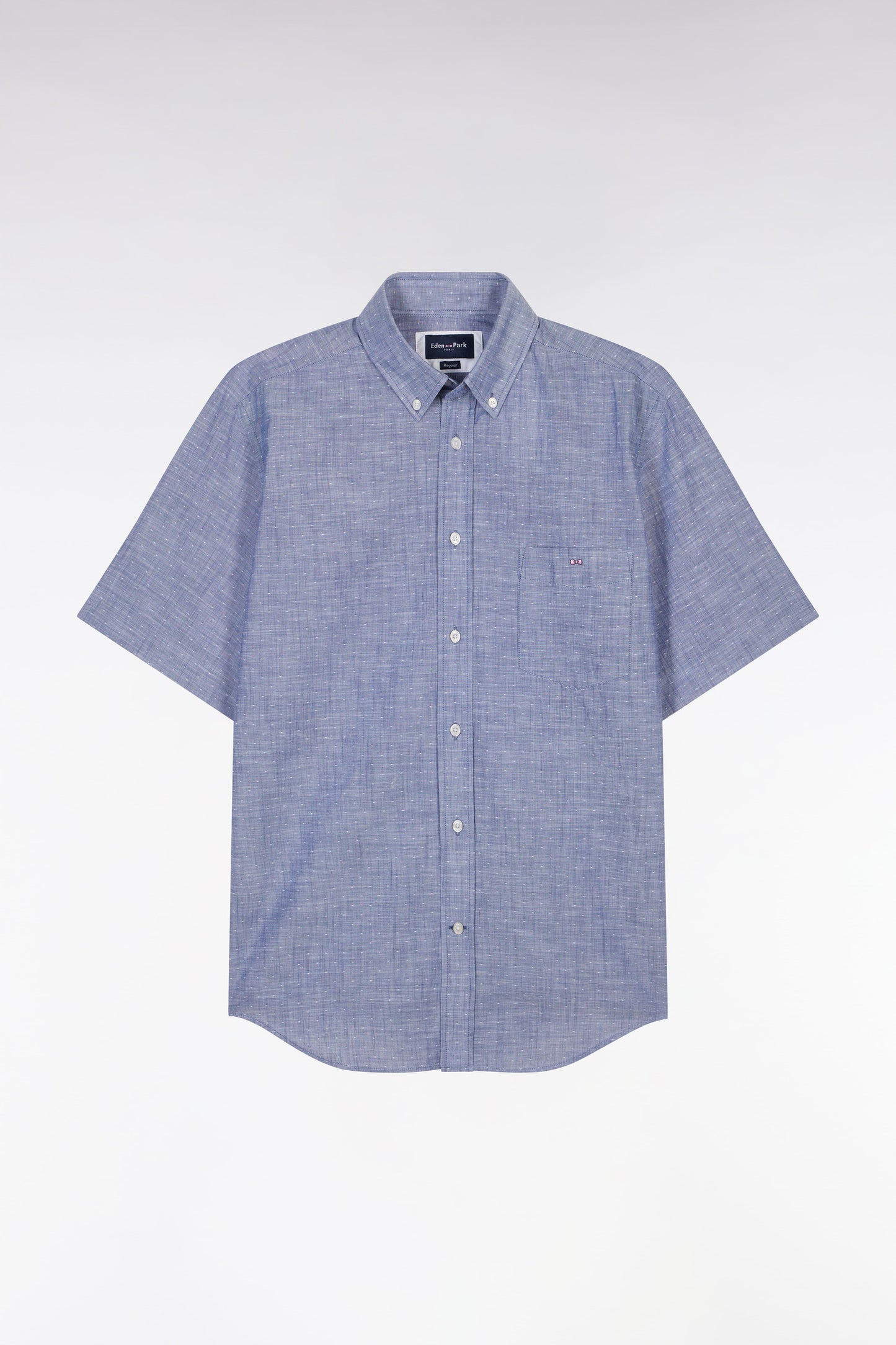 Straight short-sleeved dark blue shirt in textured cotton