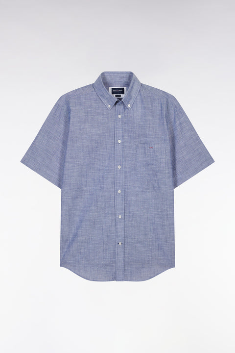 Straight short-sleeved dark blue shirt in textured cotton - Image 2