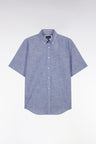 Straight short-sleeved dark blue shirt in textured cotton
