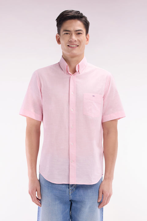 Straight short-sleeved pink shirt in textured cotton - Image 1
