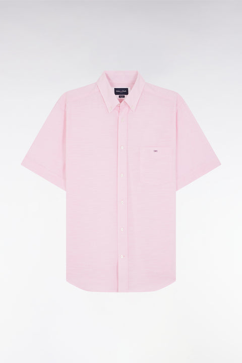 Straight short-sleeved pink shirt in textured cotton - Image 2