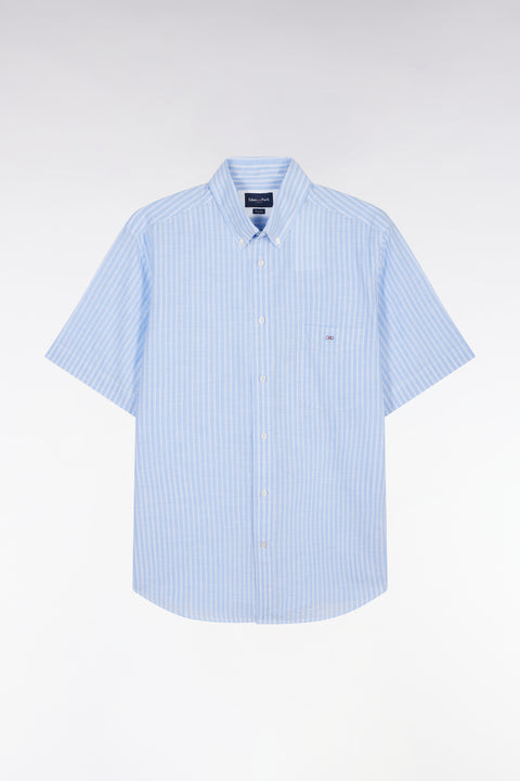 Straight striped short-sleeved sky blue cotton shirt - Image 2