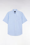 Straight striped short-sleeved sky blue cotton shirt