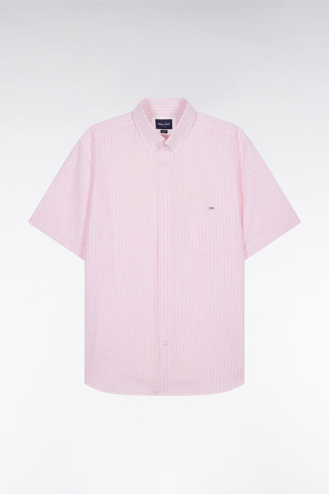 Straight striped short-sleeved pink cotton shirt - Image 2