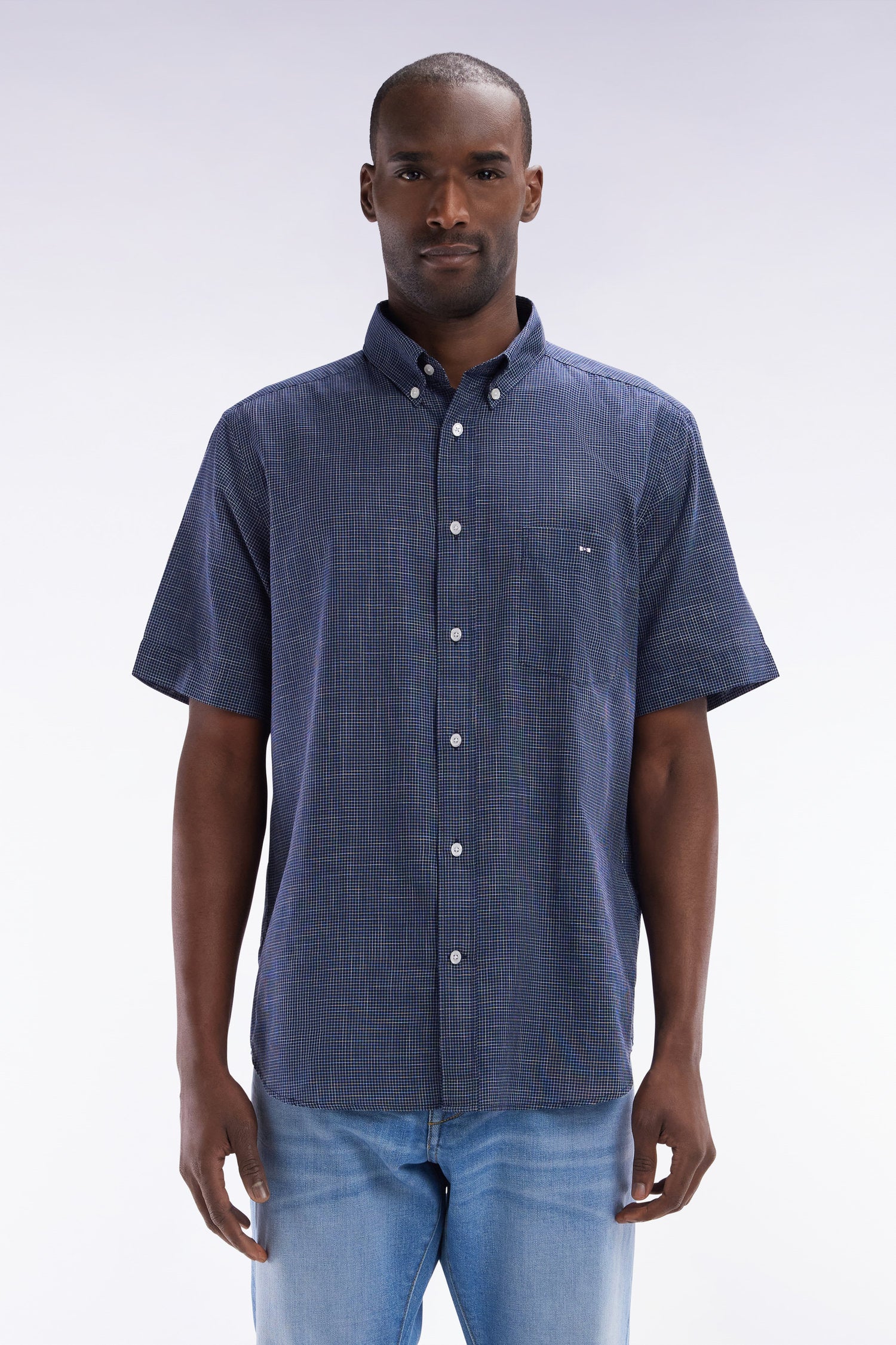 camicia a maniche corte con microcarreaux in cotone indigo vestibilità dritta