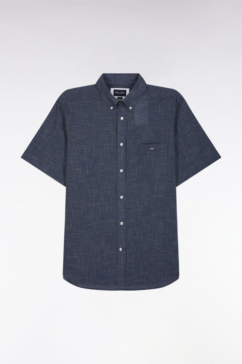Straight short-sleeved indigo cotton shirt in microplaid print - Image 2
