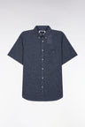 Straight short-sleeved indigo cotton shirt in microplaid print