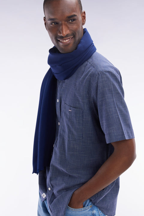 Straight short-sleeved indigo cotton shirt in microplaid print - Image 3