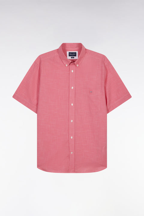 Straight short-sleeved pink cotton shirt in microplaid print - Image 2