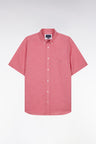 Straight short-sleeved pink cotton shirt in microplaid print