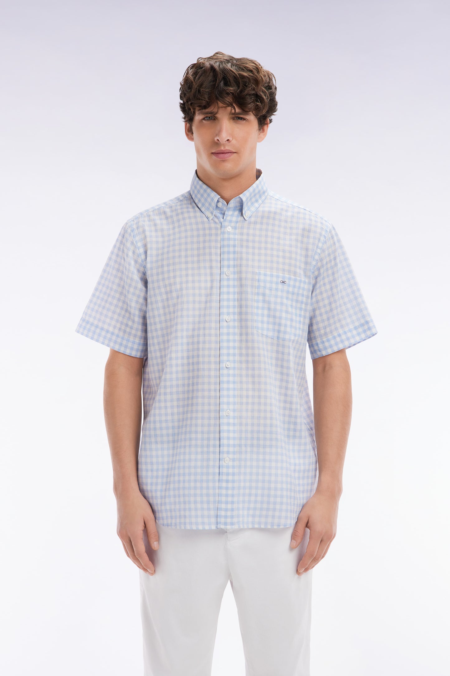 Straight-fit short sleeved sky blue gingham checked cotton shirt