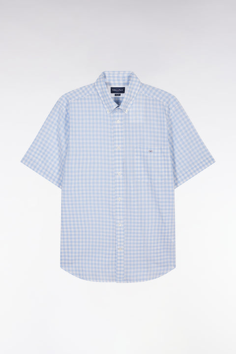 Straight-fit short sleeved sky blue gingham checked cotton shirt - Image 2