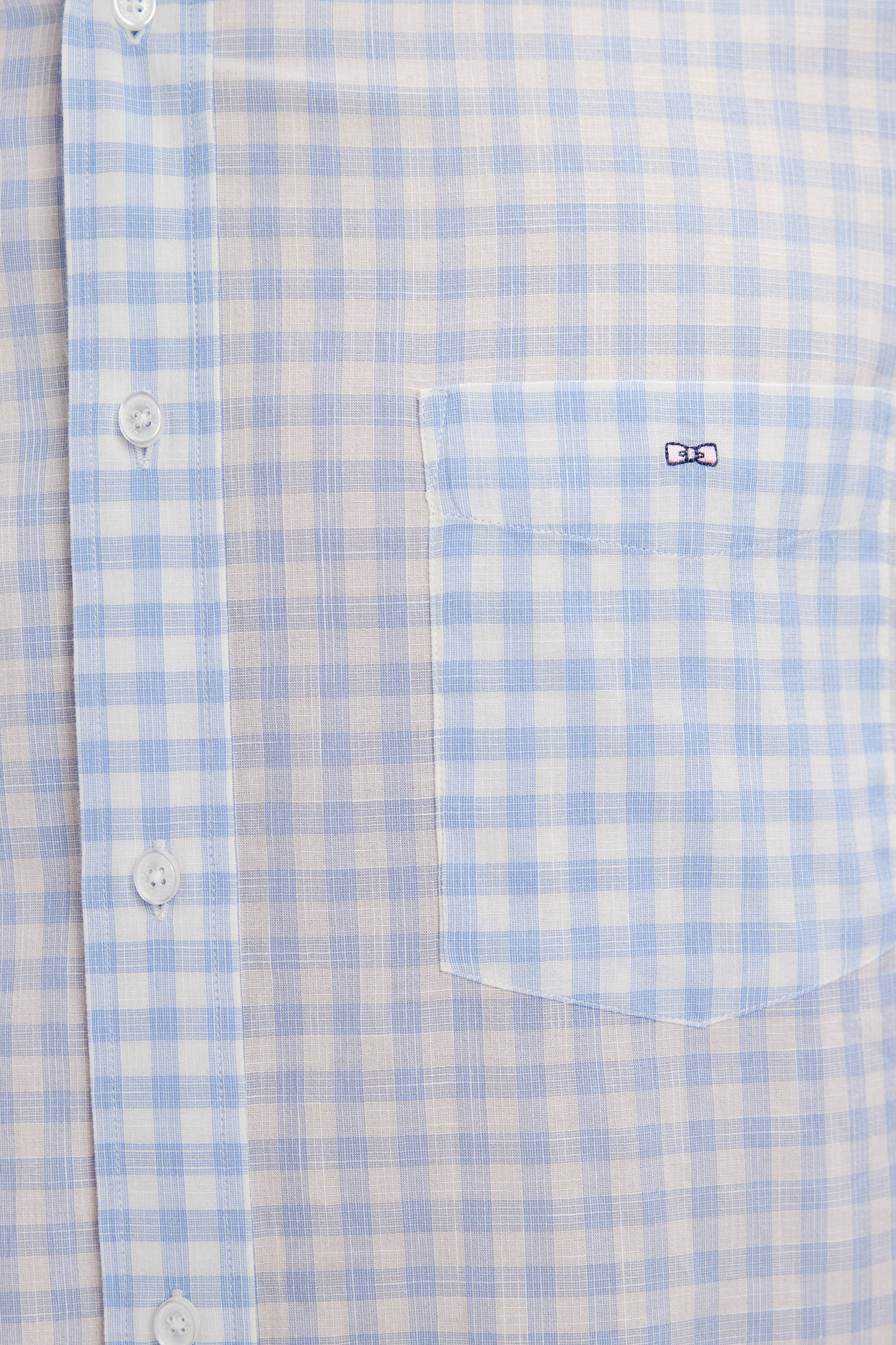 Straight-fit short sleeved sky blue gingham checked cotton shirt