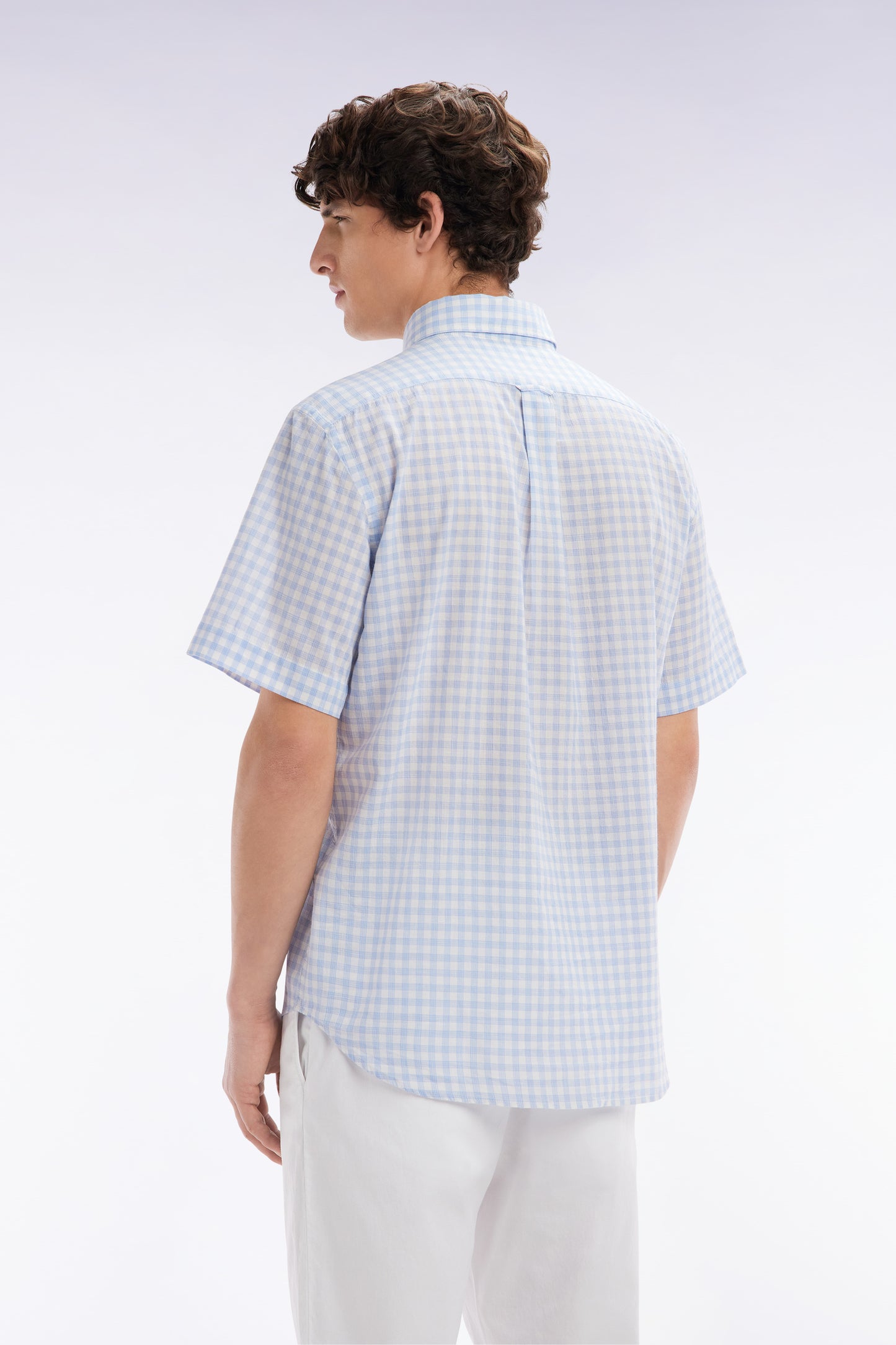 Straight-fit short sleeved sky blue gingham checked cotton shirt