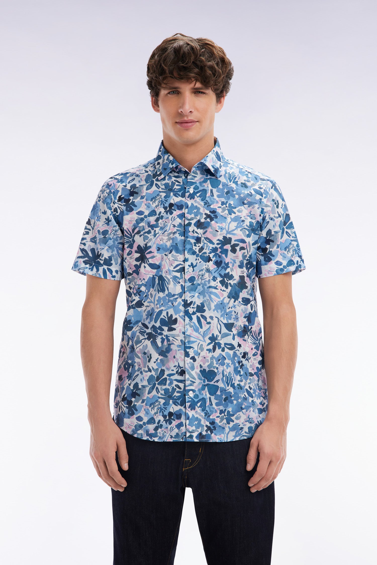 short-sleeved shirt in cotton printed floral navy fitted cut