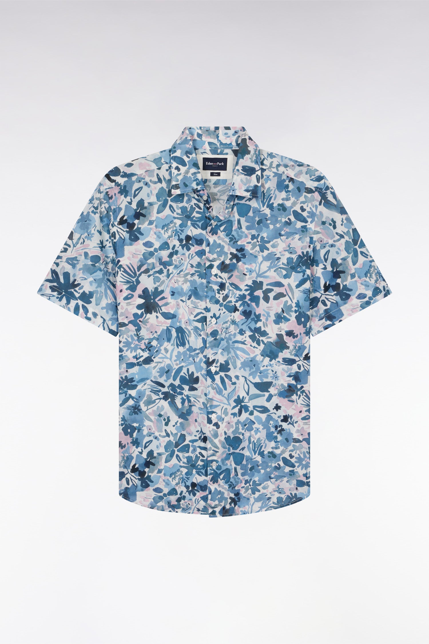short-sleeved shirt in cotton printed floral navy fitted cut