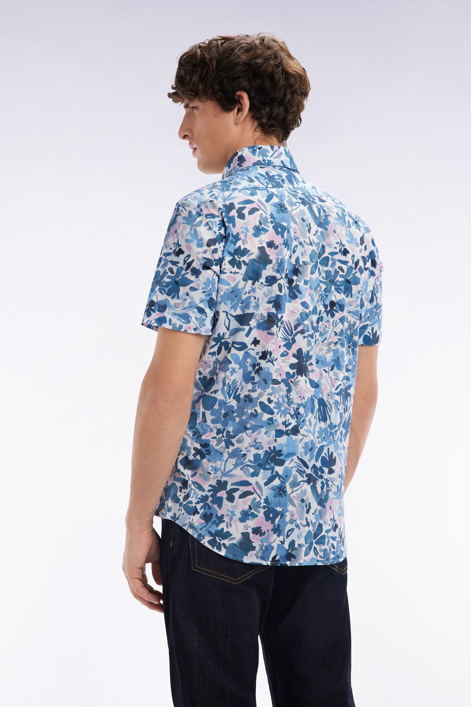 short-sleeved shirt in cotton printed floral navy fitted cut