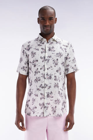 Slim-fit short-sleeved ecru linen shirt with grey floral print