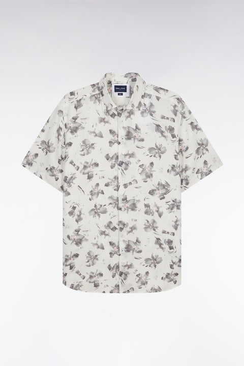 Slim-fit short-sleeved ecru linen shirt with grey floral print - Image 2