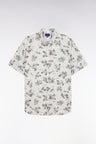 Slim-fit short-sleeved ecru linen shirt with grey floral print