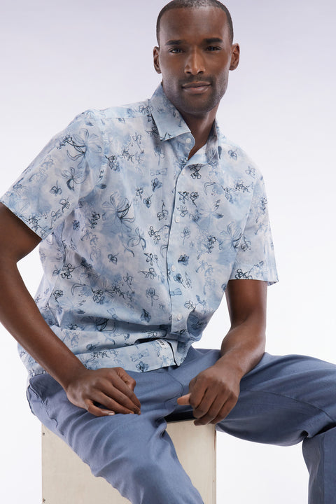 Slim-fit short-sleeved shirt in blue-grey cotton with a floral print - Image 3