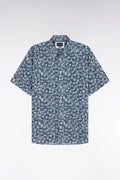 Chemise à manches courtes en coton marine à microimprimé palmiers coupe droite