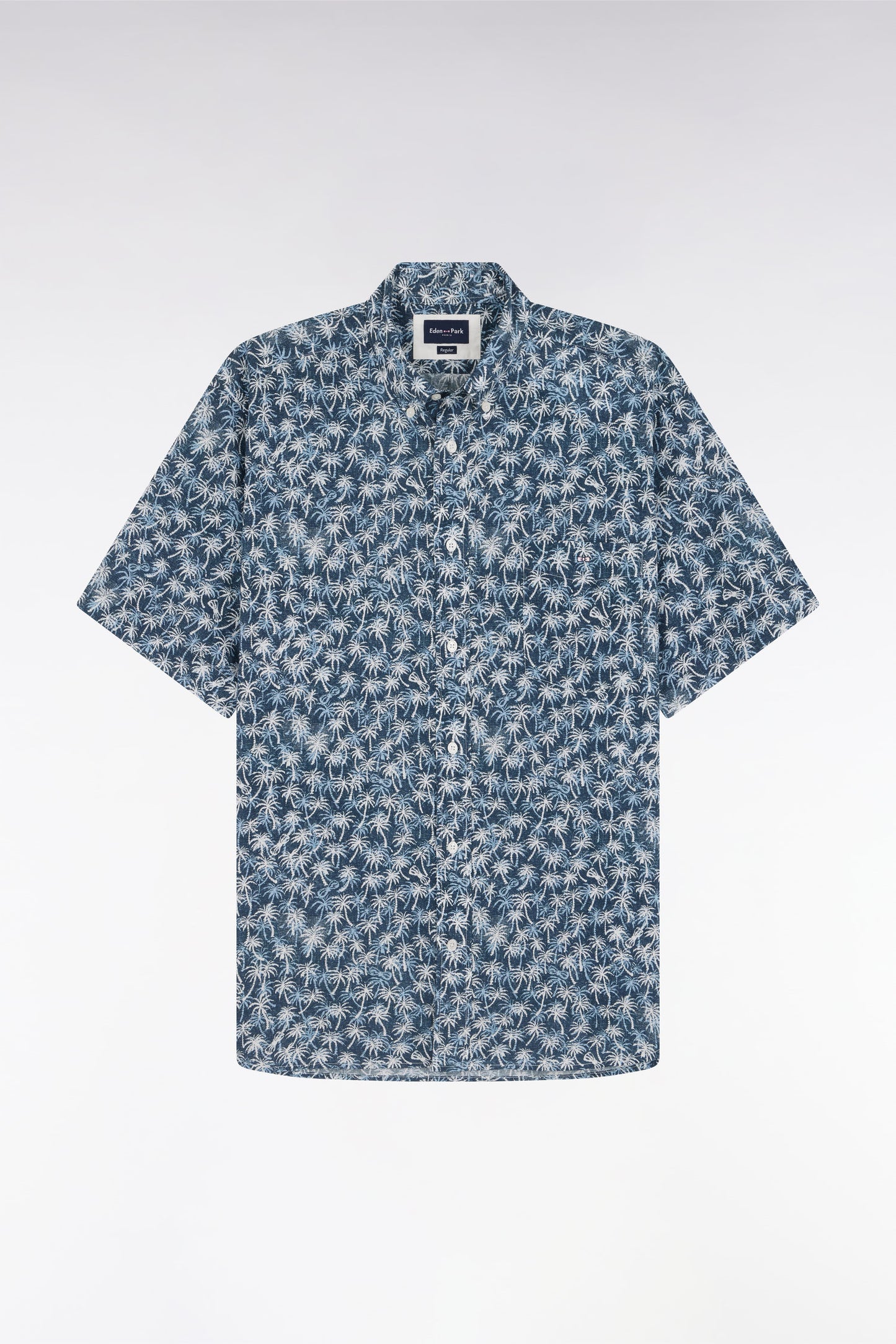 Straight-fit short-sleeved navy cotton shirt with palm tree microprint