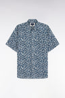 Straight-fit short-sleeved navy cotton shirt with palm tree microprint