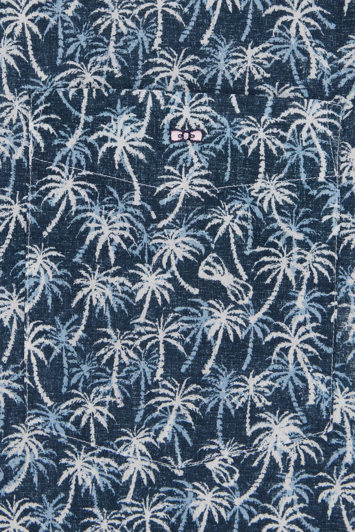 Straight-fit short-sleeved navy cotton shirt with palm tree microprint