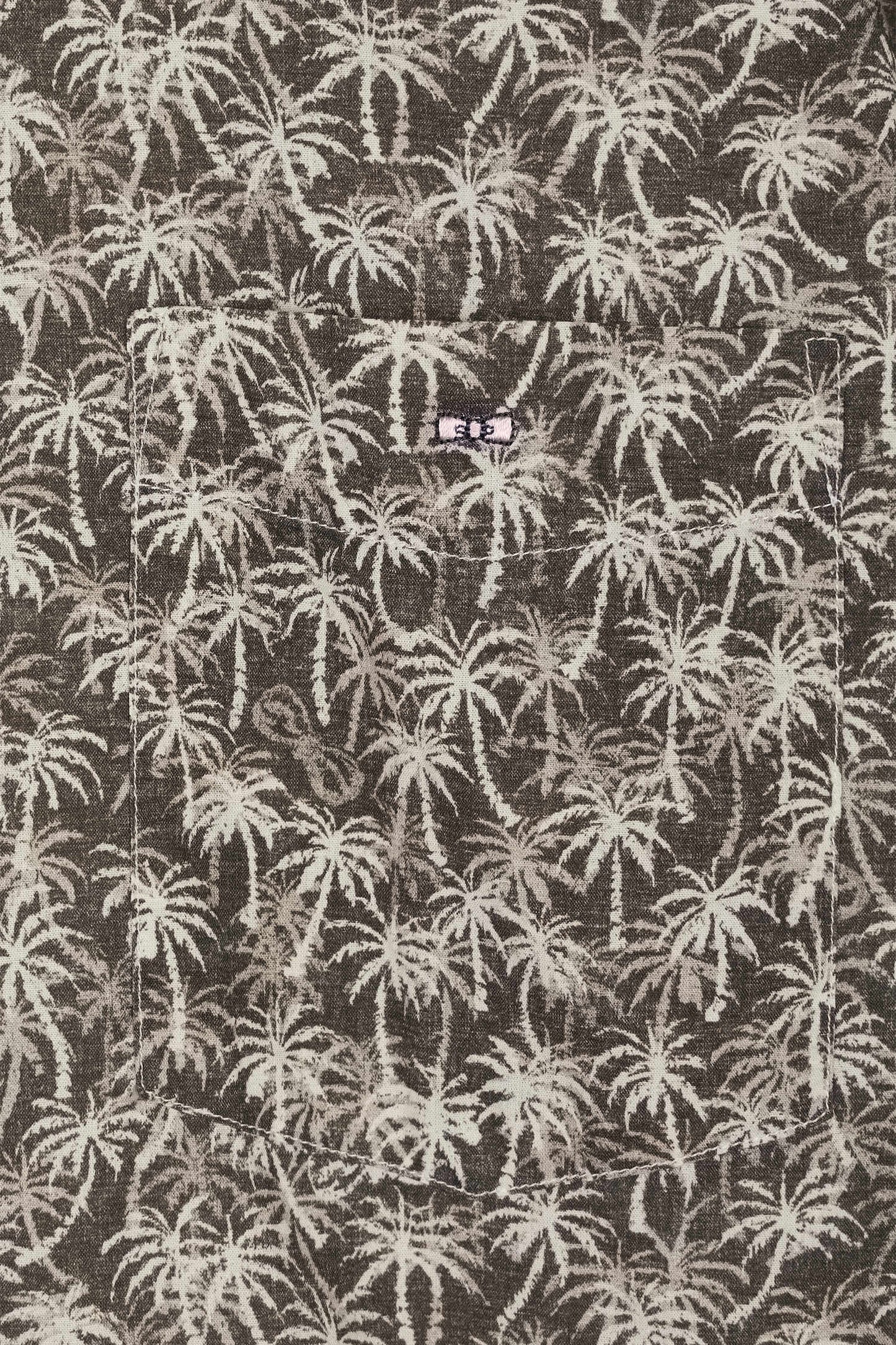 Straight-fit short-sleeved khaki cotton shirt with palm tree microprint