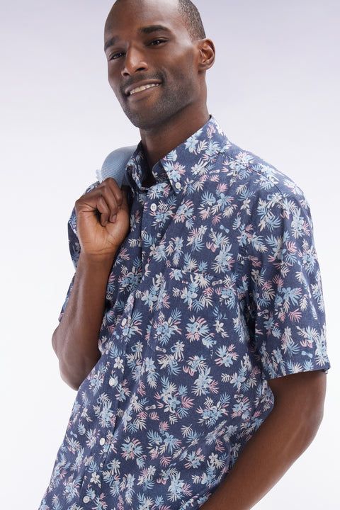 Straight-fit short-sleeved shirt in navy cotton with flowers print - Image 3