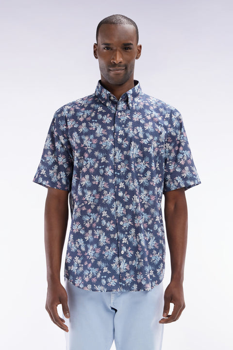 Straight-fit short-sleeved shirt in navy cotton with flowers print - Image 1