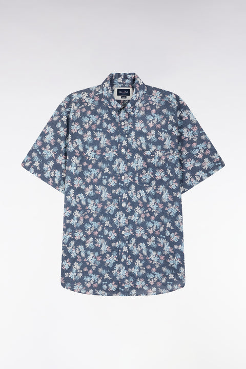 Straight-fit short-sleeved shirt in navy cotton with flowers print - Image 2