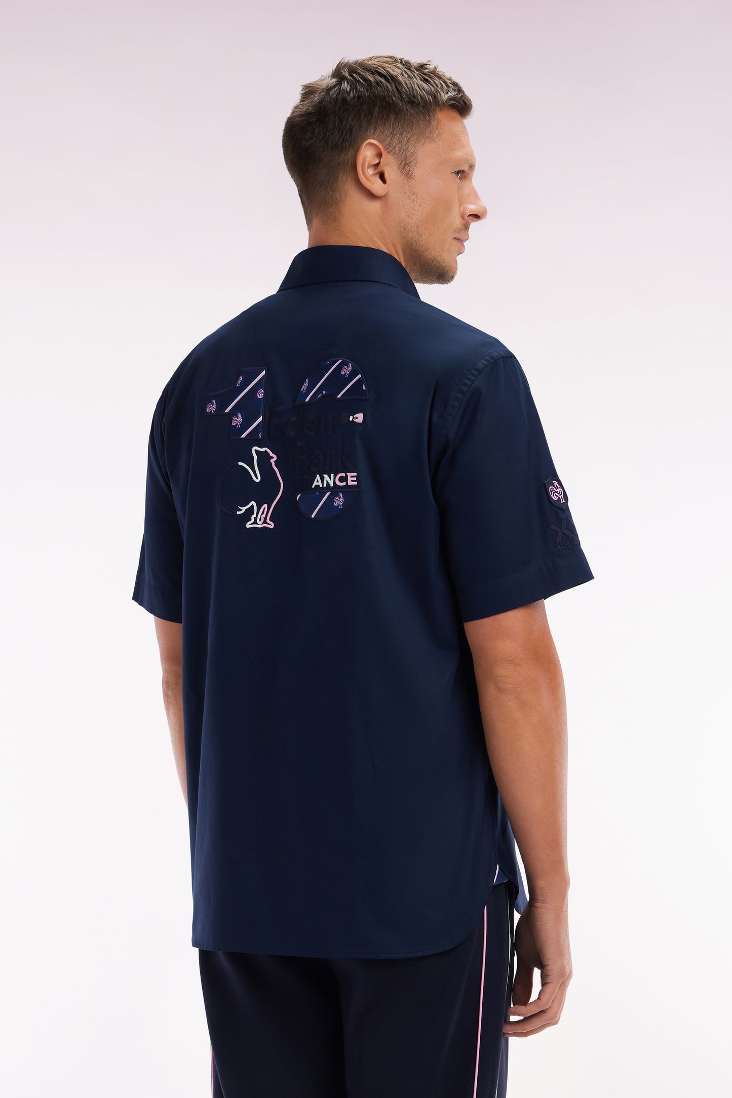 XV de France short-sleeved navy cotton shirt with back embroidery
