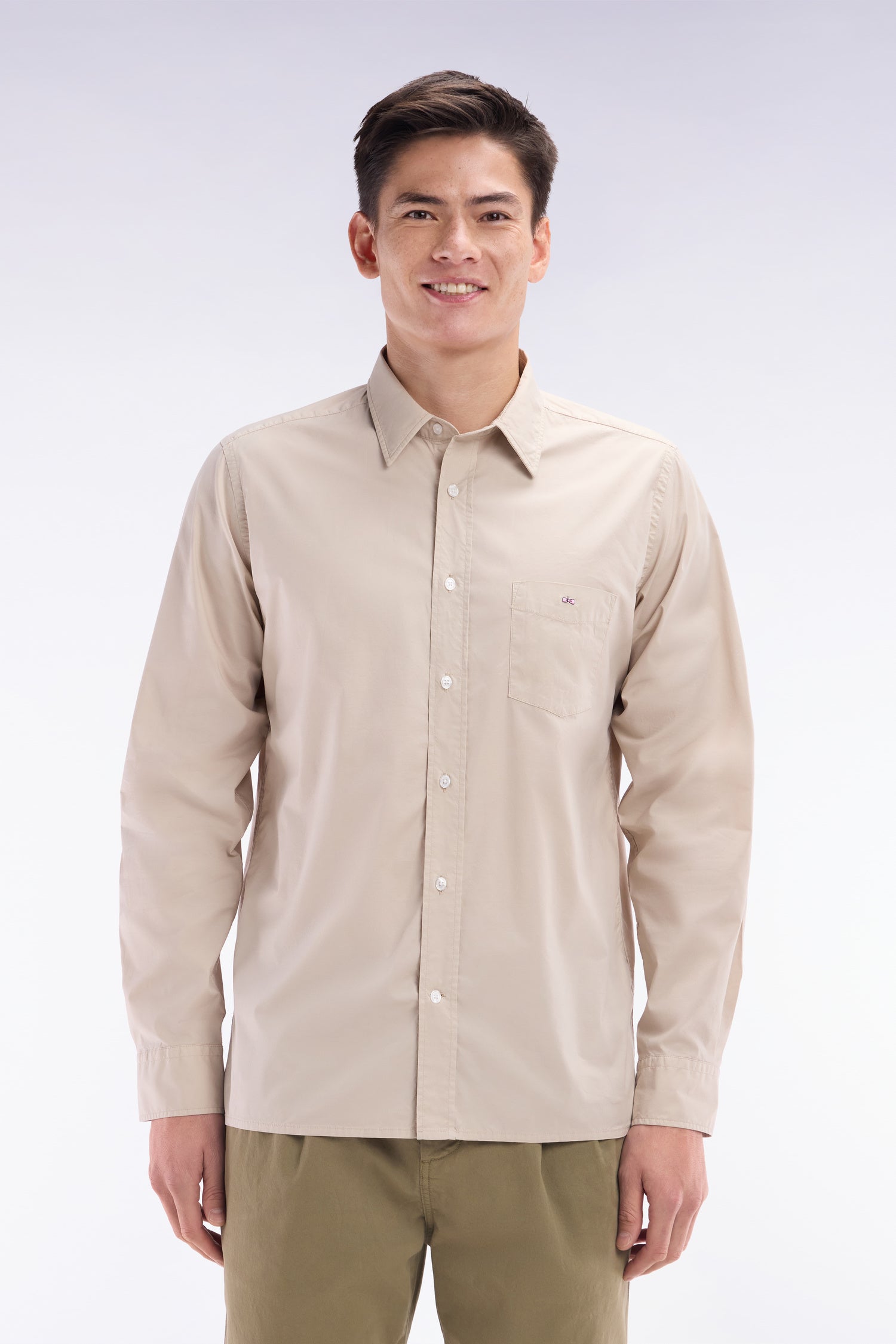 Chemise unisexe en coton et lyocell stretch beige coupe droite