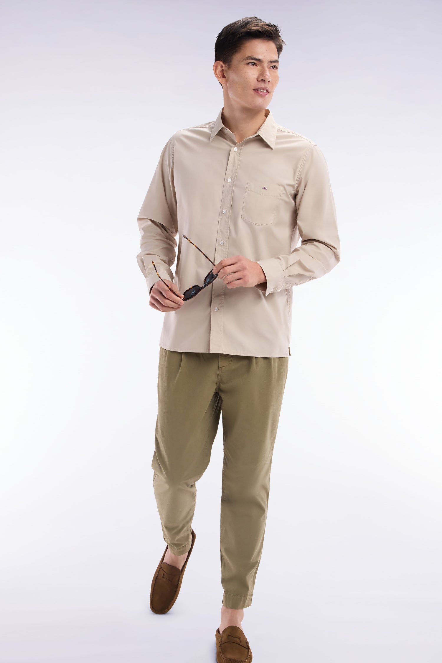 Chemise unisexe en coton et lyocell stretch beige coupe droite