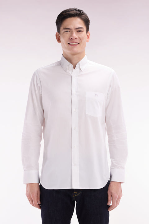 Straight-fit white cotton shirt with elbow patch - Image 1