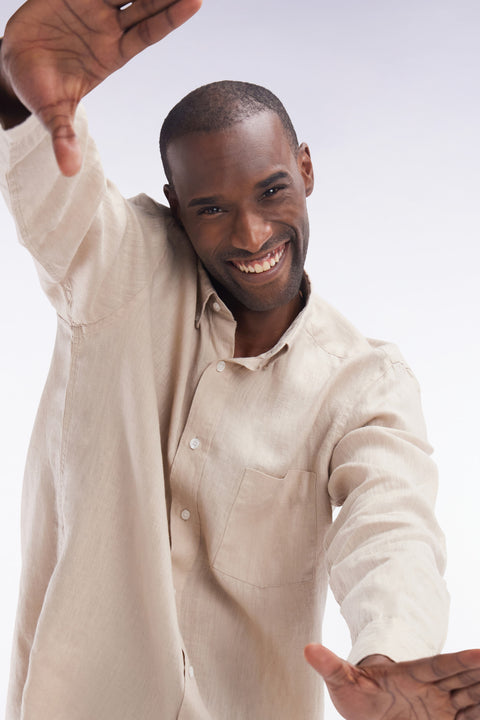 Chemise en lin beige unie coupe droite - Image 3