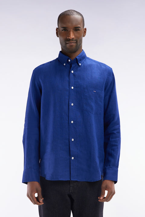 Chemise en lin bleu foncé unie coupe droite - Image 1