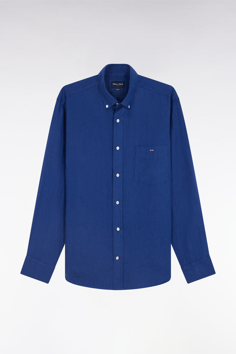 Chemise en lin bleu foncé unie coupe droite - Image 2