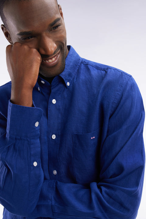 Chemise en lin bleu foncé unie coupe droite - Image 3