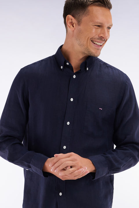 Chemise en lin marine unie coupe droite - Image 3