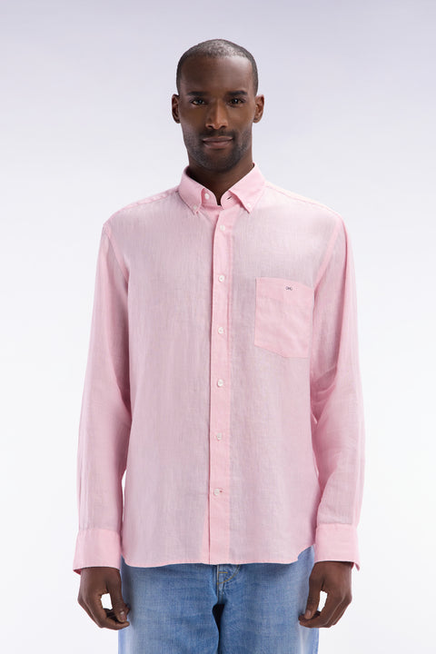 Chemise en lin rose unie coupe droite - Image 1
