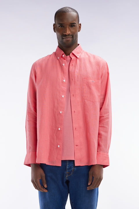 Chemise en lin rose saumon unie coupe droite - Image 1