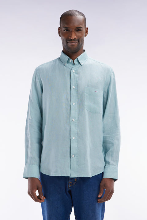Chemise en lin vert d'eau unie coupe droite - Image 1